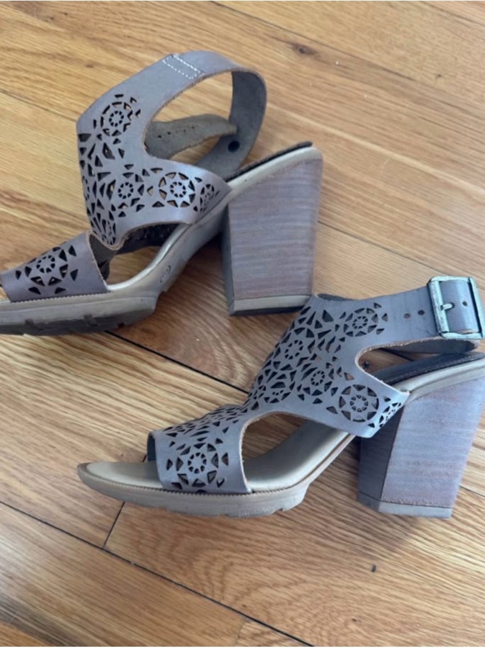 Women's Taupe Cutout Leather Block Heel Sandals